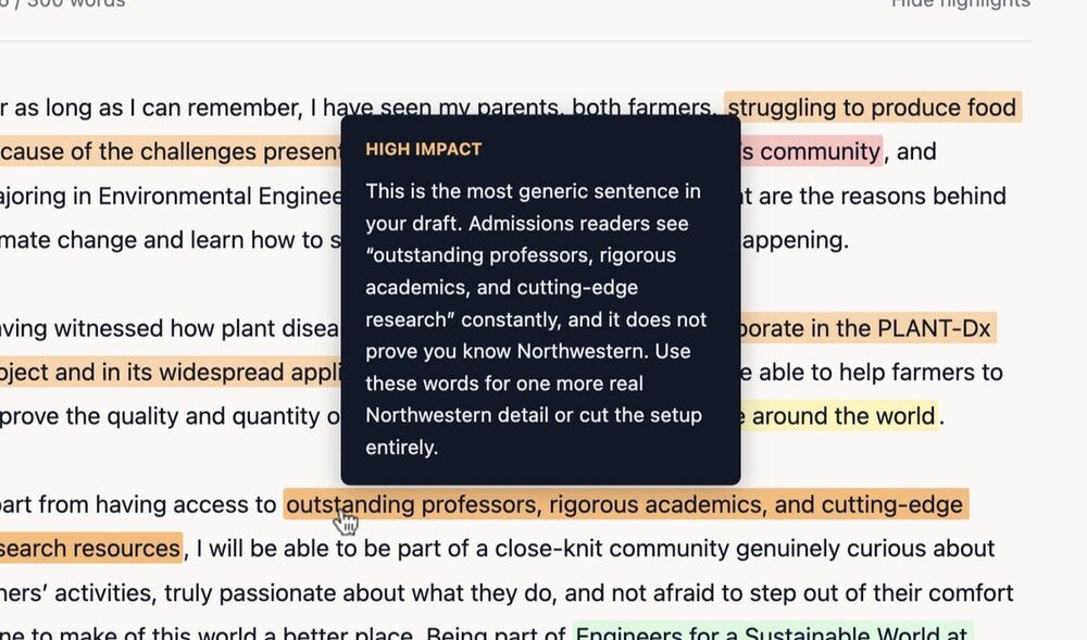 Line-by-line college essay feedback and editing example